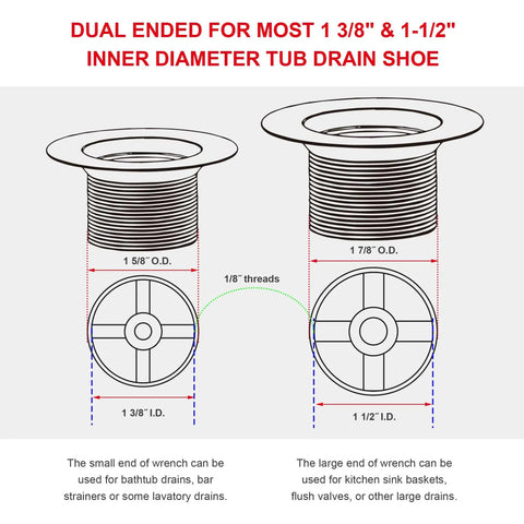 Diagram showing dual-ended tub drain remover wrench tool for shower and bathtub, built tough aluminum, fits 1-3/8" and 1-1/2" drain shoes.