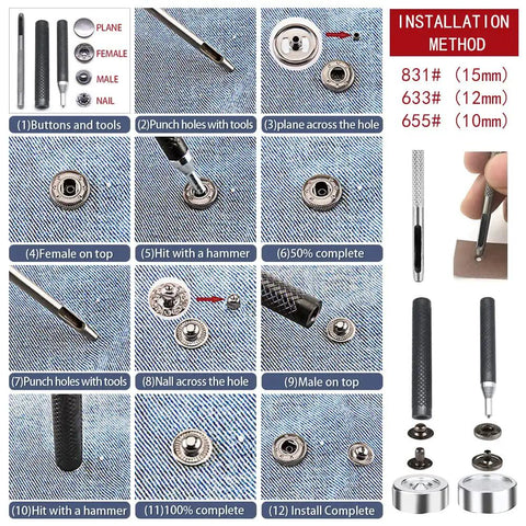 Installation guide for Must Have Leather Snap Fasteners Kit With 120 Sets 15 Millimeter Metal Snaps Press Studs Four Colors Includes Four Setter Tools Great For Clothes Jackets Jeans Bags Bracelets DIY Projects, showing step-by-step process on denim fabric.