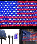 Lit Patriotic Outdoor Flag Lights With 420 LED displayed on house, solar panel, USB cable, and remote included