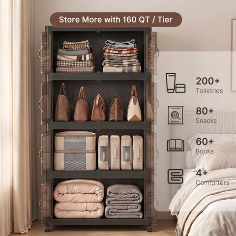 Huge 1280QT Stackable Storage Bins With Secure Snap Tops Featuring Slick Collapsible Cabinet Frame Rock Solid Plastic Drawers With Clear Front Panels For Easy Reach Home Organization And Everyday Decluttering Wins