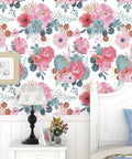 White Watercolor Peony Peel And Stick Wallpaper For Nursery And Bedroom Removable Vinyl Contact Paper Pink And Green Floral For Cozy Vibe Accent Wall 17.3in By 32.8ft displayed in bedroom with bed and lamp