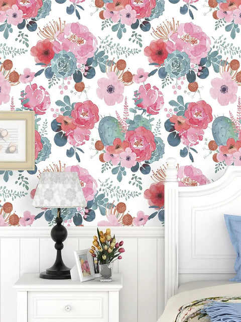 White Watercolor Peony Peel And Stick Wallpaper For Nursery And Bedroom Removable Vinyl Contact Paper Pink And Green Floral For Cozy Vibe Accent Wall 17.3in By 32.8ft displayed in bedroom with bed and lamp
