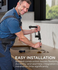Top Shelf Compact Kitchen Faucet With Pull Down Sprayer And Rock Solid Stainless Steel Build Matte Black Finish Heavy Duty Design For Tiny Countertops being installed by a smiling man.