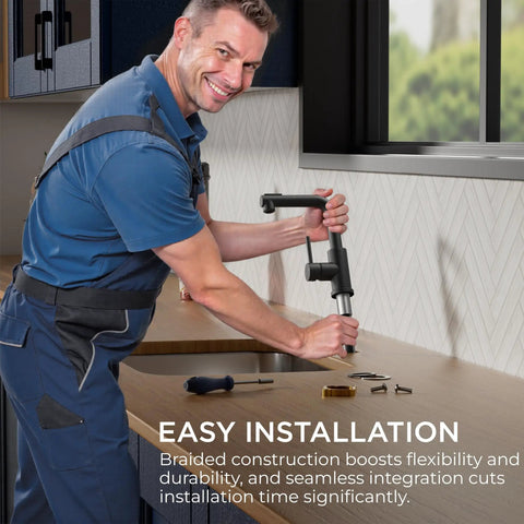 Top Shelf Compact Kitchen Faucet With Pull Down Sprayer And Rock Solid Stainless Steel Build Matte Black Finish Heavy Duty Design For Tiny Countertops being installed by a smiling man.