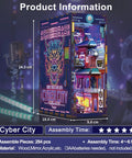 Cyber City Book Nook Kit For Adults Wooden 3D Puzzle Bookend with neon cyberpunk art showing dimensions and assembly details.