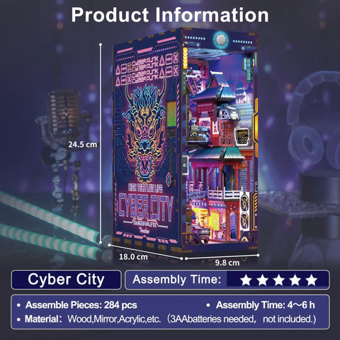 Cyber City Book Nook Kit For Adults Wooden 3D Puzzle Bookend with neon cyberpunk art showing dimensions and assembly details.