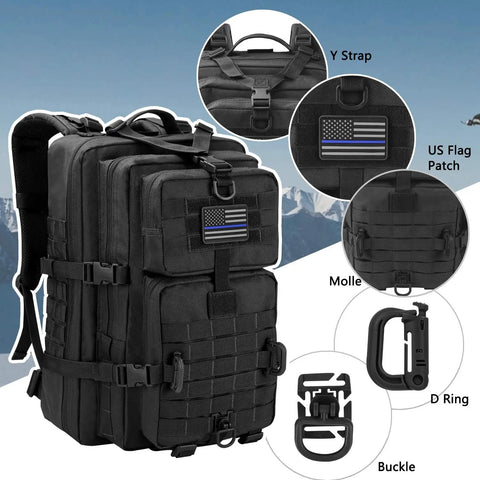 MOLLE Assault Backpack 40L Tactical Military Rucksack 3 Day Pack With USA Flag Patch, black, Y strap, MOLLE webbing, D ring, buckle.