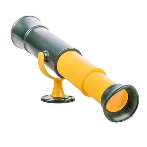 Green and Yellow Telescope Playset Attachment With 360 Degree Spin for Kid Friendly Outdoor Adventures Durable Polyethylene Build Easy Mounting Kit Included Sparks Imagination and Endless Backyard Explorations. yellow playset telescope with mounting base