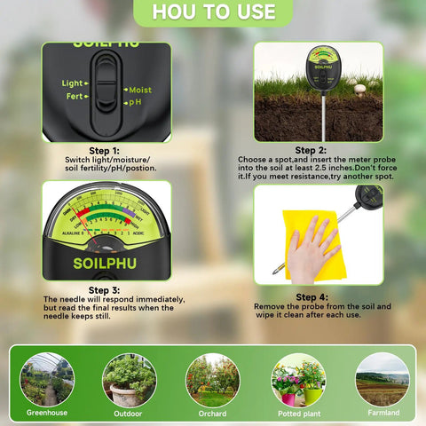 Instruction guide for 4 In 1 Soil Tester Moisture pH Sunlight And Fertility Meter For Garden Lawn Farm And Potted Plants Indoor Outdoor Use Quick Accurate Readings For Smart Plant Care For Green Thumbs