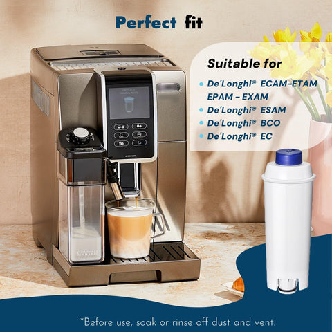 Front view of a metallic coffee machine with an attached water filter cartridge and a spare cartridge on the right