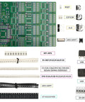 Beginner SMD Soldering Practice Kit With 4 PCB Training Boards Blue Red Green and Small Blue 60W Iron 2 Battery Boxes Full Components Clear Silkscreen Guides for 1206 0805 0603 0402 Includes Instructions; components and labeled parts on a PCB.
