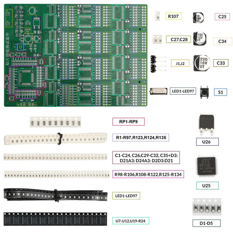 Beginner SMD Soldering Practice Kit With 4 PCB Training Boards Blue Red Green and Small Blue 60W Iron 2 Battery Boxes Full Components Clear Silkscreen Guides for 1206 0805 0603 0402 Includes Instructions; components and labeled parts on a PCB.