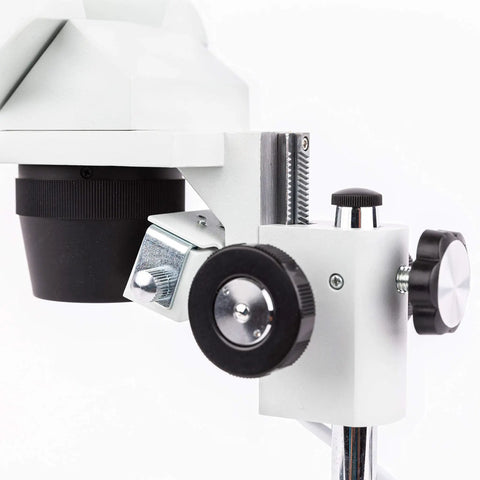 Forward Binocular Stereo Microscope With 20x 40x And 80x Magnifications Widefield WF10x And WF20x Lenses Built In Top And Bottom Lights Sturdy Metal Pillar Stand Ideal For Detail Work Education And DIY Inspection close-up focus knob and metal pillar stand