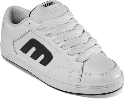 Kingpin 2K skate shoes with padded low top cupsole, durable reinforced stitching, white black colorway, size 8.5, side view.