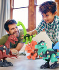 Child playing with Five Dino Building Set For Kids With STEM Learning Build Your Own Tyrannosaurus Rex Triceratops in room