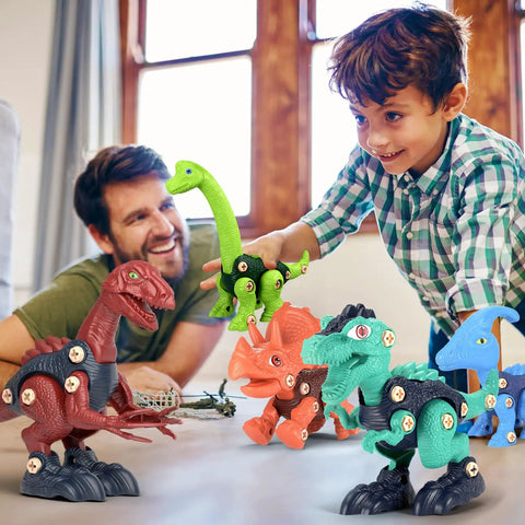 Child playing with Five Dino Building Set For Kids With STEM Learning Build Your Own Tyrannosaurus Rex Triceratops in room