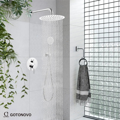 Rain Shower System With 10 Inch Round Showerhead And Handheld High Pressure Faucet Set Including Rough In Valve, Polished Chrome Finish, includes towel hanger and greenery.