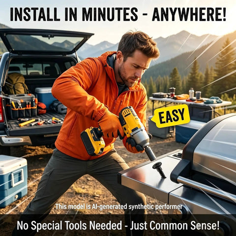 Man using a drill to install Six Pack Heavy Duty Short M6 Step Bolts Tightest Grip Replacement Shoulder Screws For Outdoor Gas Grill Side Shelves Cold Forged Hardware.