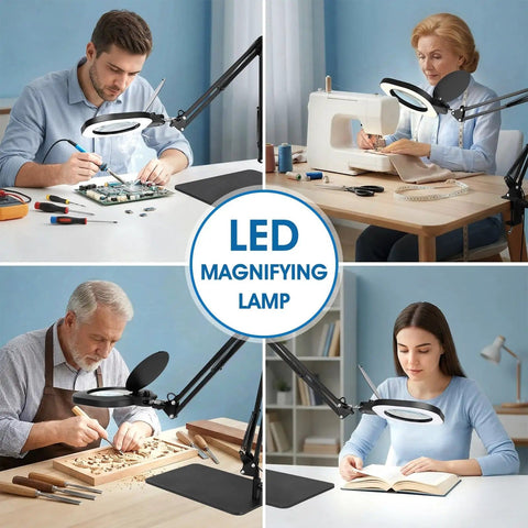 Two In One Magnifying Lamp With Light And Stand For Seniors And Crafts Stepless Color And Brightness Desk LED Clamp Lamp in use