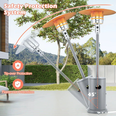 Propane Outdoor Patio Heater 50,000 BTU With Instant Heat, 360 Degree Heating Coverage for Six to Eight People, Tip Over and Flame Out Protection, Strengthened Stainless Steel Burner, Wheel Mobility, Grey, angle view showing safety tipping