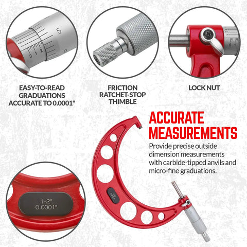 Image of Six-Piece Outside Micrometer Set 0-6 Inches with carbide tips, showcasing ratchet stop and detailed graduations