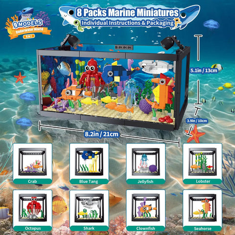 8 In 1 Ocean Tank Building Set With LED Light For Kids And Adults Marine Aquarium Mini Landscape Featuring Octopus And Crab Figures, 21cm wide