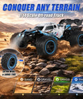 One Fourteenth Scale RC Car For Adults And Teens 50 KPH 4WD Off Road Truck With All Terrain Beast Mode driving on rocks and grass