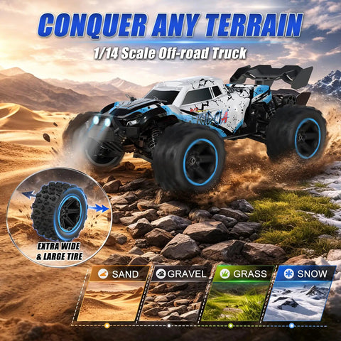 One Fourteenth Scale RC Car For Adults And Teens 50 KPH 4WD Off Road Truck With All Terrain Beast Mode driving on rocks and grass