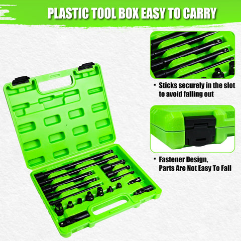 Heavy Duty 18-Piece Impact Socket Extension Set in green plastic case with secure fastener
