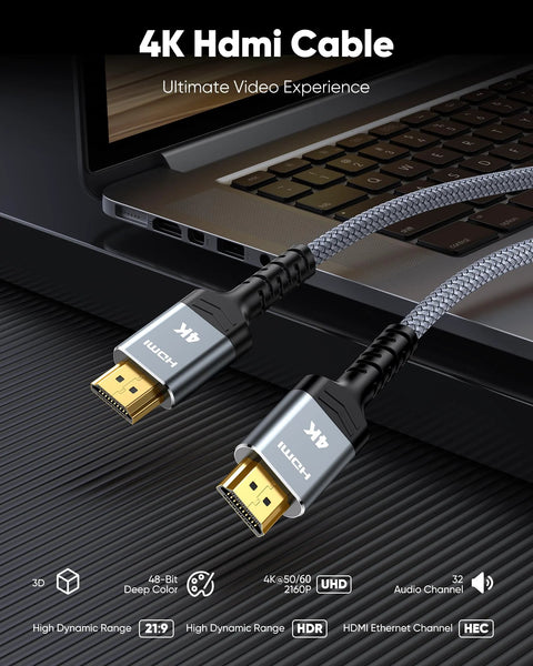 HDMI cable; two nylon-braided cables with gold-plated connectors (close-up view)