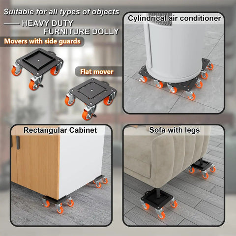 Heavy Duty Furniture Dolly With 360 Swivel Casters, Tough As Nails Build For Stress Free Hauling, 3300 Lb Capacity, Removable Side Guards And Parking Brakes To Glide Smoothly On Floors, showcasing various furniture types.
