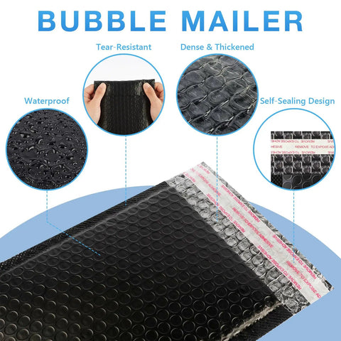 All In One Trading Card Shipping Kit With 60 Bubble Mailers And 120 Card Protectors, showing waterproof and self-sealing features.