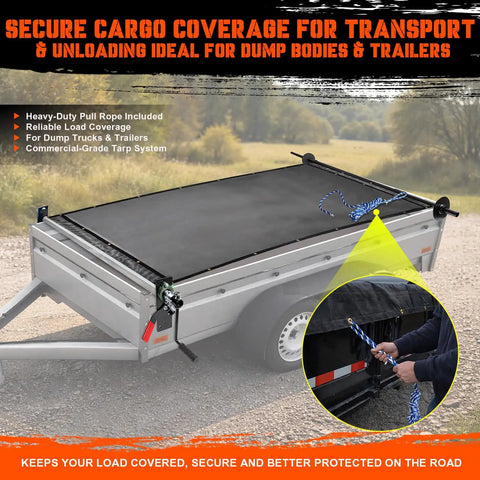Dump Truck And Trailer Tarp Kit With Rear Anti-Sail Bow, Aluminum Roller, 5ft By 14ft PVC Mesh on dump trailer