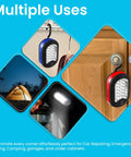Multiple uses for Three Pack LED Work Lights With Magnetic Back Rotatable Hook And Push Button Power Pocket Sized Battery Operated Lights For Car Repair Emergency Hiking Camping 27 LEDs In Blue Red And Green
