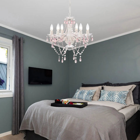 White Crystal Chandelier With Pink Droplets And Strands 6 Light Candle Style Ceiling Fixture For Bedroom Or Dining Vintage Glam Lighting With Elegant Scroll Arm Frame
