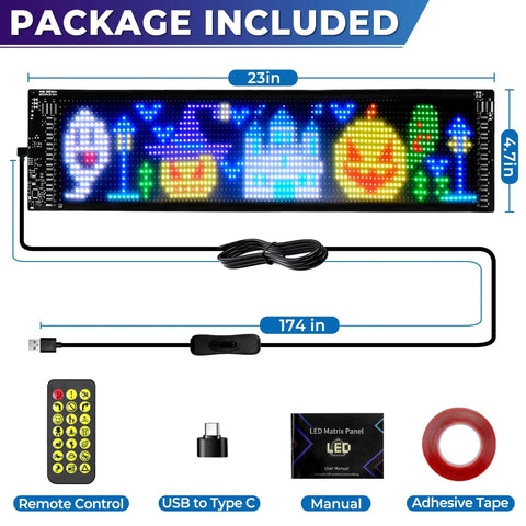 Package contents of Programmable Flexible LED Eye Lights For Golf Cart And Vehicles 23x5In with remote, USB, and adhesive tape