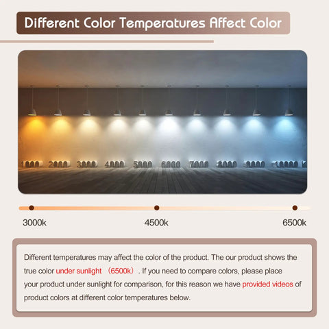 Image showing light bulbs demonstrating color temperatures at 3000k, 4500k, and 6500k against a wall, impacting perceived color.
