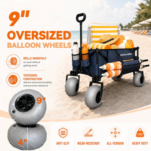Heavy Duty Beach Wagon With 9 Inch Balloon Wheels For Sand And All Terrain Surfaces showing navy wagon with beach gear
