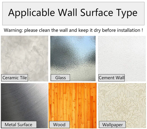 Applicable wall surface types for Zero Hassle Wall Mount Door Stopper, including ceramic tile, glass, cement, metal, wood, and wallpaper.