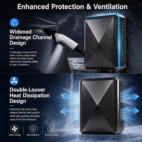 Heavy Duty Steel EV Charger Enclosure With Lockable Faceted Door Weather Resistant showing drainage channel and vents for ventilation.