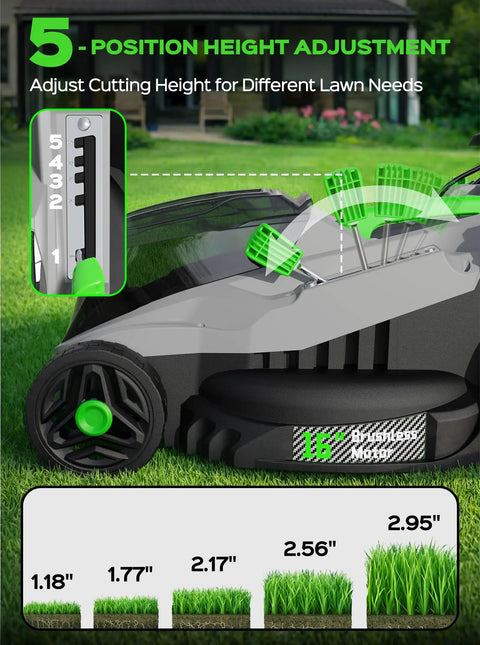 40V Cordless Lawn Mower With 16 Inch Deck And 4.0Ah Battery, Brushless Motor, Intelligent Cutting System Adapting To Dense Grass, Easy Push, Low Noise Green Finish, 5-position height adjustment display