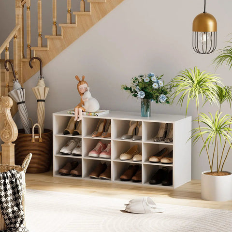 12 Cubby Shoe Storage Bench With 3 Tier Vertical Wood Shoe Rack Organizer For Entryway Hallway Closet And Garage White Shoe Cabinet