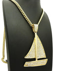 Iced Out Bigger Size Sailing Yacht Pendant On 6mm 30 Inch Cuban Chain Necklace Gold Tone Fashion Jewelry For Men And Women A Bold Nautical Bling Statement on display