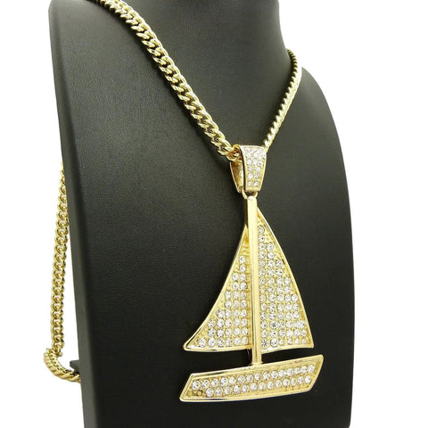 Iced Out Bigger Size Sailing Yacht Pendant On 6mm 30 Inch Cuban Chain Necklace Gold Tone Fashion Jewelry For Men And Women A Bold Nautical Bling Statement on display