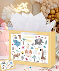 14.5 Inch Unisex Baby Gift Bag Set With Tissue Paper And Greeting Card For Baby Shower And Birthday Parties Cute Animal Design