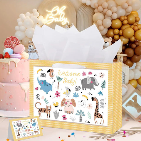 14.5 Inch Unisex Baby Gift Bag Set With Tissue Paper And Greeting Card For Baby Shower And Birthday Parties Cute Animal Design