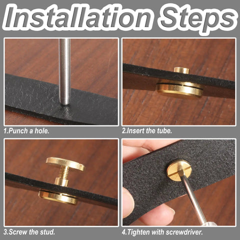 Installation steps for Hella Tough Solid Brass Chicago Screws And Leather Rivet Studs Kit Featuring Slick Plated Finish And 8mm Heads.
