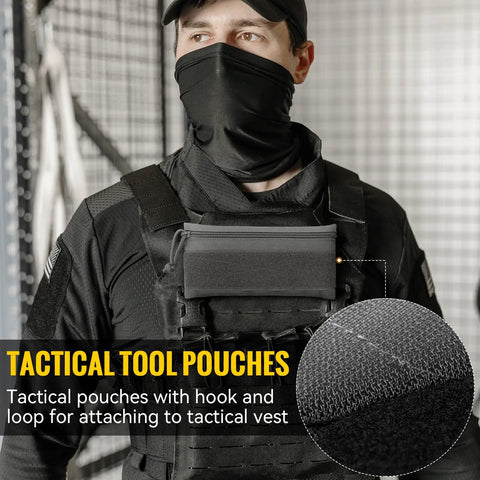 Top Shelf Black 3 Pack Tactical Zipper Pouches Featuring Secure Hook And Loop Panel For Tactical Vest Chest Rig Admin Mod Gear Tool Storage And Day One Ready Essentials Waterproof worn by individual in tactical vest.