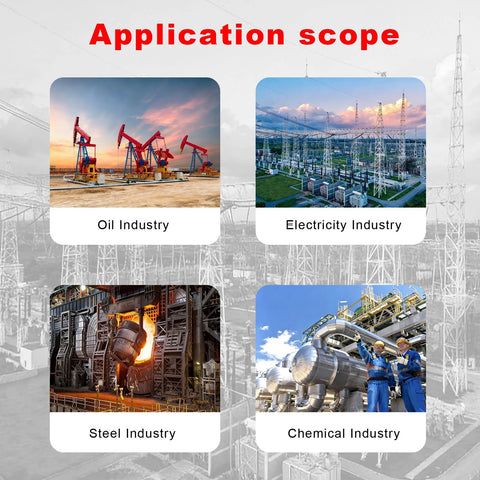 Graphite braided compression packing collage showing four industry applications: oil, electricity, steel, and chemical