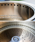 Close-up of the smokeless 25-inch wood burning outdoor fire pit showing airflow technology and removable ash pan.